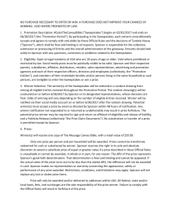 NO PURCHASE NECESSARY TO ENTER OR WIN. A PURCHASE