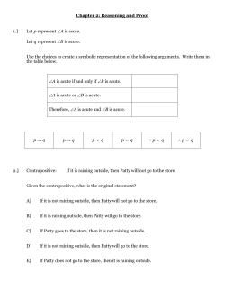 Chapter 2: Reasoning and Proof 1.] Let p represent &ETH;A is acute. Let