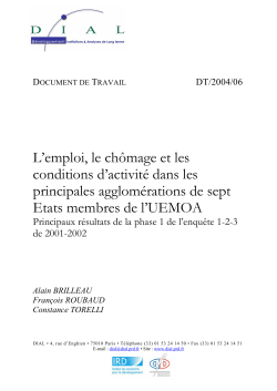 L&rsquo;emploi, le ch&ocirc;mage et les conditions d&rsquo;activit&eacute; dans les principales agglom&eacute;rations de sept Etats membres de l&rsquo;UEMOA, principaux resultants de la phase 1 de l&rsquo;enqu&ecirc;te 1 2 3 de 2001-2002