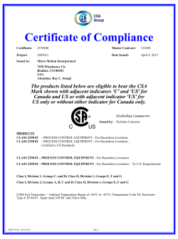 CSA Certificate for CDM100 FDM FVM and HFVM