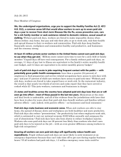 Healthy Families Act Coalition Letter to Congress