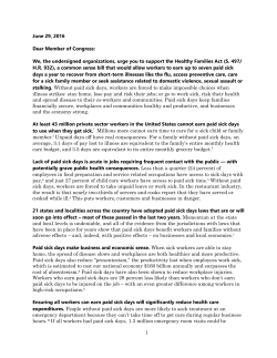 Healthy Families Act Coalition Letter to Congress