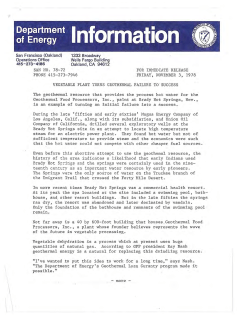 Department of Energy Information, 1978, Vegetable Plant Turns Geothermal Failure to Success: San Francisco (Oakland) Operations Office, 3p.