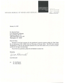 De Rocher, T., and Shevenell, L., 1997, Geochemical modeling of productive geothermal resources in Nevada: Calibration and testing of the DOE brine chemistry models GEOFLUID and TEQUIL: Interim Report submitted to the DOE Geothermal Division, 1/19/97, 5 p