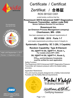 Safety Certificate: Rosemount 3051S Pressure Transmitter with Advanced HART Diagnostics, Sensor Software Revision 5.0 and Above
