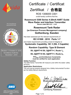 Safety Certificate: Rosemount 5300 Series 4-20mA HART Guide Wave Radar and Interface Transmitter