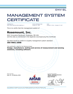 ISO Certificate: Rosemount Inc. Management System Certificate