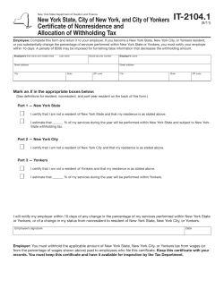 NYS, City of New York and City of Yonkers Certificate of Nonresidence and Allocation of Withholding Tax (IT-2104.1)