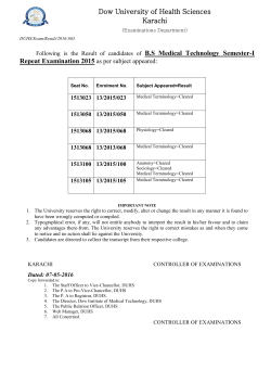 {Examinations Department} Result B.S Medical Technology Semester-I Repeat Examination 2015.