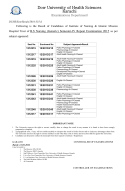 {Examinations Department} Result B.S Nursing (Generic) Semester-IV Repeat Examination 2015 (Institute of Nursing & Islamic Mission Hospital Trust).