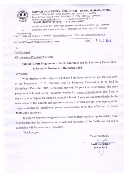 Programme of First to Fourth Year B. Pharmacy (Sem. I to VIII) and Master of Pharmacy Sem I and Sem II Examination to be held in Nov/Dec 2015