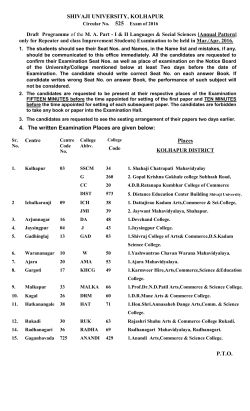 Examination Programme of the M. A. Part - I II Languages Social Sciences [Annual Pattern] only for Repeater and class Improvement Students) to be held in Mar./Apr. 2016.
