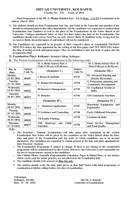 Final Programme of the M. A. Home Science Part I II [Sem. I to IV] Examination to be held in March 2016