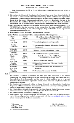 Final Programme of the M. A. Home Science Part -I II (Old) Examination to be held in March 2016.