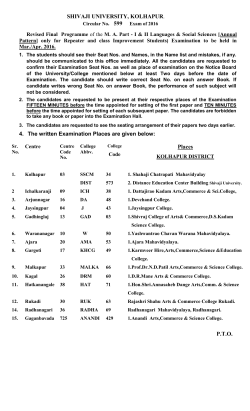 Revised Final Programme of the M. A. Part - I II Languages Social Sciences [Annual Pattern] only for Repeater and class Improvement Students) Examination to be held in Mar./Apr. 2016.