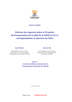 Informe de urgencia sobre el Proyecto de Presupuestos de la AGE de la PG46 (I+D+i) correspondiente al ejercicio de 2014