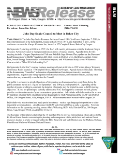 The John Day-Snake Resource Advisory Council (RAC) will meet September 7, 2011, in the conference room at the Sunridge Inn, located at Exit 304 on I 84 S. and September 8, 2011, in the conference room at the Always Welcome Inn, located at 175 Campbell Street, Baker City Oregon.