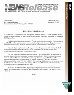 BLM Offers $10,000 Reward for Infomation on Irish Springs Fire