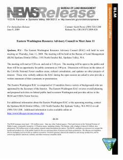 The Eastern Washington Resource Advisory Council (RAC) will hold its next meeting on Thursday, June 11, 2009.