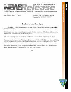 Hog Canyon Lake Road Open