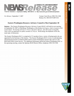 Eastern Washington Resource Advisory Council to Meet September 20