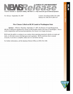Fire Closure Lifted on BLM Lands in Washington State
