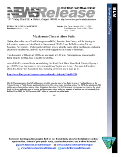 Salem, Ore. - Bureau of Land Management (BLM) Botanist, Ron Exeter, will be hosting an informative mushroom identification discussion at BLM's Alsea Falls Recreation Site on Saturday, November 1.