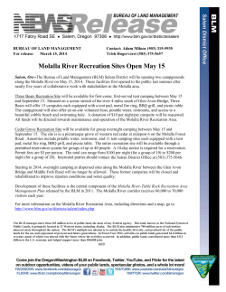 Salem, Ore--The Bureau of Land Management (BLM) Salem District will be opening two campgrounds along the Molalla River on May 15, 2014.