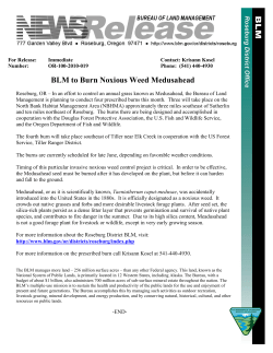 In an effort to control an annual grass known as Medusahead, the Bureau of Land Management is planning to conduct four prescribed burns this month. Three will take place on the North Bank Habitat Management Area (NBHMA) approximately three miles southeast of Sutherlin and ten miles northeast of Roseburg.