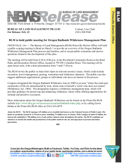 PRINEVILLE, Ore. -- The Bureau of Land Management (BLM) Prineville District Office will hold a public scoping meeting in Bend on March 1 to provide an overview of the Oregon Badlands Wilderness Management Plan process and timeline, and to accept public comments and answer questions related to the development of this plan.