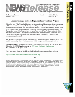 Prineville, Ore. -- The Prineville District of the Bureau of Land Management (BLM) is accepting public comments in preparing a Rudio Highlands Vegetative Management and Fuels Treatment Environmental Assessment. The fuels treatment project is located approximately 10 miles north of Dayville, OR, and about 5 miles east of the John Day Fossil Beds National Monument. The fuels project primarily includes isolated parcels of land east of Frank's Creek and north of the Rudio Mountain summit. These parcels have vegetation that is overgrown, causing the trees to become unhealthy and susceptible to mountain pine beetle infestations. A wildfire could severely damage the stands.