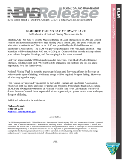 On June 6, join the Medford Bureau of Land Management (BLM) and United Hunters and Sportsmen as they host Free Fishing Day at Hyatt Lake. The event will kick-off with a free breakfast from 7:00 a.m. to 11:00 a.m. provided by the United Hunters and Sportsmen's Association. The BLM will provide participants with rods, reels, and bait. Free boat rides will be offered from 9:00 a.m. to 2:00 p.m. Other activities include making salmon print t-shirts, free prize drawings, and free camping for the entire weekend.