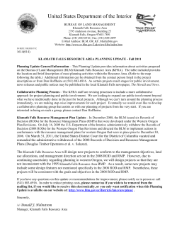 Klamath Falls Resource Area Planning Update - Fall 2011