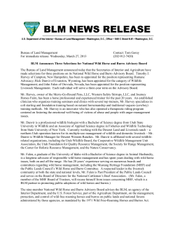 The Bureau of Land Management announced today that the Secretaries of Interior and Agriculture have made selections for three positions on its National Wild Horse and Burro Advisory Board. Timothy J. Harvey of Campton, New Hampshire, has been re-appointed for the position representing Humane Advocacy; Rick Danvir of Evanston, Wyoming, has been appointed for the category of Wildlife Management; and John Falen of Orovada, Nevada, has been appointed for the position representing Livestock Management. Each individual will serve a three-year term on the Advisory Board.