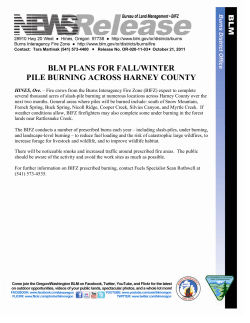 Fire crews from the Burns Interagency Fire Zone (BIFZ) expect to complete several thousand acres of slash-pile burning at numerous locations across Harney County over the next two months. General areas where piles will be burned include: south of Snow Mountain, French Spring, Buck Spring, Nicoll Ridge, Cooper Creek, Silvies Canyon, and Myrtle Creek. If weather conditions allow, BIFZ firefighters may also complete some under burning in the forest lands near Rattlesnake Creek.