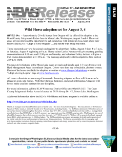 Approximately 20 wild horses from Oregon will be offered for adoption at the Grant County Fairgrounds Rodeo Area in Moses Lake, Washington, August 3 and 4. The event gives anyone interested the opportunity to get out and see wild horses up close, learn about their history and BLM's "Adopt-a-Horse Program" ...and maybe even bring one home.