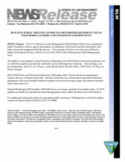 The U.S. Bureau of Land Management (BLM) Burns District has scheduled a public meeting to discuss agency procedures for gathering wild horses and how helicopters and other motorized equipment help the process. The meeting will also cover the next wild horse gather in the Burns District, which is set for July 2010 in the Stinkingwater Herd Management Area. The public is encouraged to attend and hear information from BLM about motorized equipment use on wild horse gathers and provide comments on the Stinkingwater round up. The meeting is set for Wednesday, April 21, at 5:30 p.m., at the BLM, Burns District Office, 28910 Hwy 20 West, in Hines, Oregon.