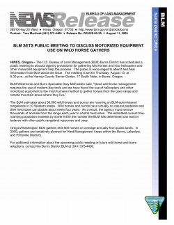 The U.S. Bureau of Land Management (BLM) Burns District has scheduled a public meeting to discuss agency procedures for gathering wild horses and how helicopters and other motorized equipment help the process. The public is encouraged to attend and hear information from BLM about the issue. The meeting is set for Thursday, August 13, at 5:30 p.m., at the Harney County Senior Center, 17 South Alder, in Burns, Oregon.