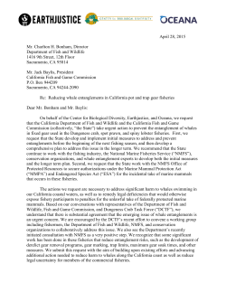 NGO coalition requests CA take urgent action to prevent whale entanglements in Dungeness crab other fixed-gear fisheries (April 2015)