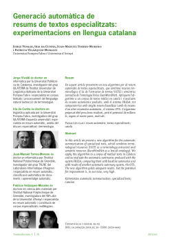 Generaci autom tica de resums de textos especialitzats: experimentacions en llengua catalana