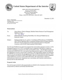 2012-2013 Letter of Concurrence and Programmatic Assessment for Activities that May Affect Designated Critical Habitat for the Endangered Plant Species, Cook's lomatium