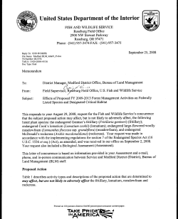 2009-2013 Letter of Concurrence and Programmatic Biological Assessment for Activities that May Affect the listed Endangered Plant Species, Gentner's fritillary, Cook's lomatium, McDonald's rockcress, and large flowered woolly meadowfoam