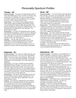 Multiple Intelligences skills and Personality Spectrum profiles