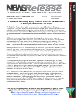 Portland, Ore. � To provide an update on the status of the proposed Boardman to Hemingway Transmission Line project, the Bureau of Land Management (BLM) today announced the release of the preliminary preferred alternative for the project routes that the BLM is considering for inclusion in the Final Environmental Impact Statement (EIS). The transmission project between Oregon and Idaho would provide additional capacity for exchanging energy between the Pacific Northwest and the Intermountain West.