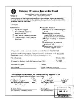 Category I Proposal to Rename the Graduate Certificate in Health Management and Policy