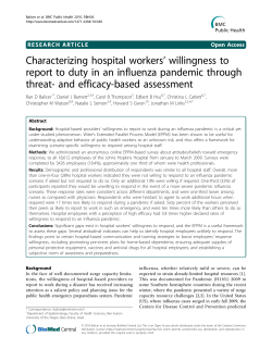 Balicer RD, Barnett DJ, Thompson CB , Hsu EB, Catlett CL, Watson CM, Semon NL, Gwon HS, and Links JM. &ldquo;Characterizing hospital workers&rsquo; willingness to report to duty in an influenza pandemic through threat- and efficacy-based assessment.&rdquo; BMC Public Health (2010) 10:436.