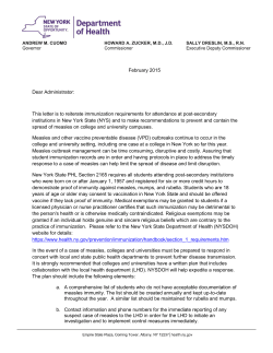 Dear Administrator, Measles Immunization Requirements for Attendance At Post-secondary Institutions in New York State (NYS) (2/15)