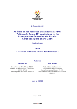 An lisis de los recursos destinados a I+D+i (Pol tica de Gasto 46) contenidos en los Presupuestos Generales del Estado Aprobados para el a o 2016