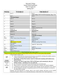 Spring Junior Field Experience Calendar for Grades PK-4, PK-4/Special Education, and Grades 4-8 certifications