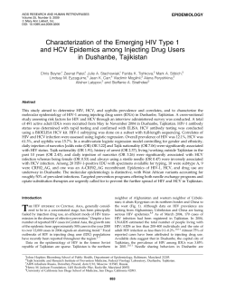 Beyrer C, Patel Z, Stachowiak JA, Tishkova FK, Stibich MA, Eyzaguirre LM, Carr JK, Mogilnii V, Peryshkina A, Latypov A, Strathdee SA. Characterization of the emerging HIV type 1 and HCV epidemics among injecting drug users in Dushanbe, Tajikistan. AIDS Res Hum Retroviruses . 2009 Sep;25(9): 853-860.